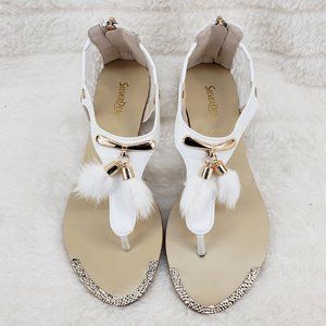 Silverdew White Summer Sandals Faux Fur Pom Poms